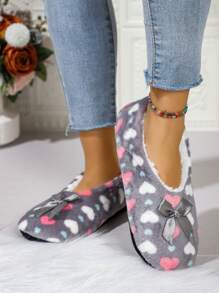 女士冬季毛绒室内拖鞋家居休闲鞋，心形和蝴蝶结装饰蓬松温暖家居便鞋