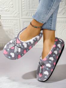 女士冬季毛绒室内拖鞋家居休闲鞋，心形和蝴蝶结装饰蓬松温暖家居便鞋