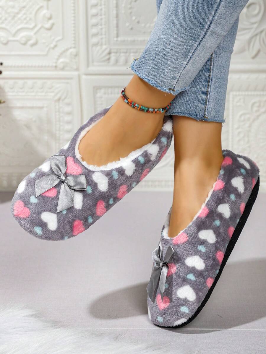 女士冬季毛绒室内拖鞋家居休闲鞋，心形和蝴蝶结装饰蓬松温暖家居便鞋