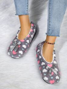 女士冬季毛绒室内拖鞋家居休闲鞋，心形和蝴蝶结装饰蓬松温暖家居便鞋