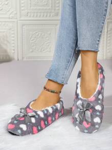 女士冬季毛绒室内拖鞋家居休闲鞋，心形和蝴蝶结装饰蓬松温暖家居便鞋