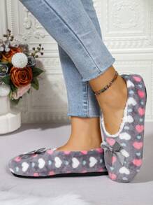 女士冬季毛绒室内拖鞋家居休闲鞋，心形和蝴蝶结装饰蓬松温暖家居便鞋