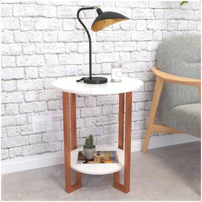 Mesa Apoio 2 Tampos Redonda Madeira MDP Pés Em Metal Rosé Tampo Branco