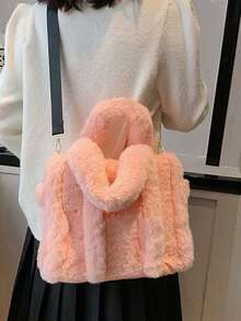 毛绒手提包女包欧美简约毛绒腋下包时尚潮流托特包单肩包女包 - 粉色 - 查看 1