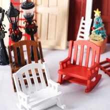 1:12 Scale Miniature Christmas Gift Chair Toys, Vintage Wooden Rocking Chair Decor, Christmas Ornament, Tabletop Figurine, Window Display Accessory