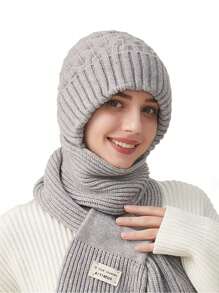 2 件套女士简约纯色竖条纹针织帽、围巾套装带手套，温暖舒适，适合秋冬季休闲户外使用