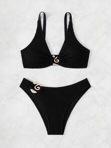 Women Textured Solid Color Bikini Set With Metal Decor, Sexy Swimwear - Black - View 3