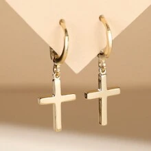 1pair European & American Minimalist Style Copper Cross Design Ladies Earrings, Versatile For Commuting