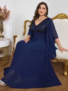 Plus Size V-Neck Flare Sleeve Sequin Patchwork Evening Dress (Heavily Embellished), Semi Formal Prom Dress, For Birthday, Wedding Guest, Graduation Homecoming, Party Dress