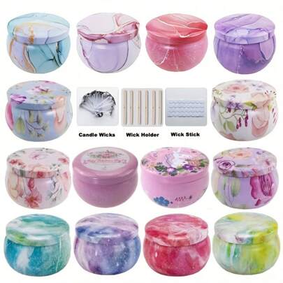 Juego de 46 piezas para hacer velas - Latas de metal con patrones de 2.5 Oz con tapas, incluye 6 recipientes vacíos, mechas, soportes de mechas - Ideal para manualidades DIY, almacenamiento de artículos pequeños, regalo perfecto para entusiastas de la fabricación de velas para , Pascua, Navidad, Halloween, Día de San Valentín