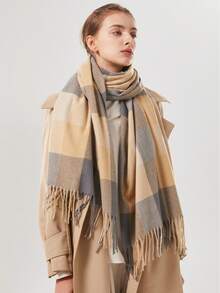 1 件简约格子围巾，经典百搭多功能披肩，冬季保暖女士围巾 - 卡其色 - 查看 2