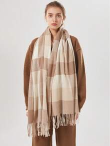 1 件简约格子围巾，经典百搭多功能披肩，冬季保暖女士围巾 - 卡其色 - 查看 5