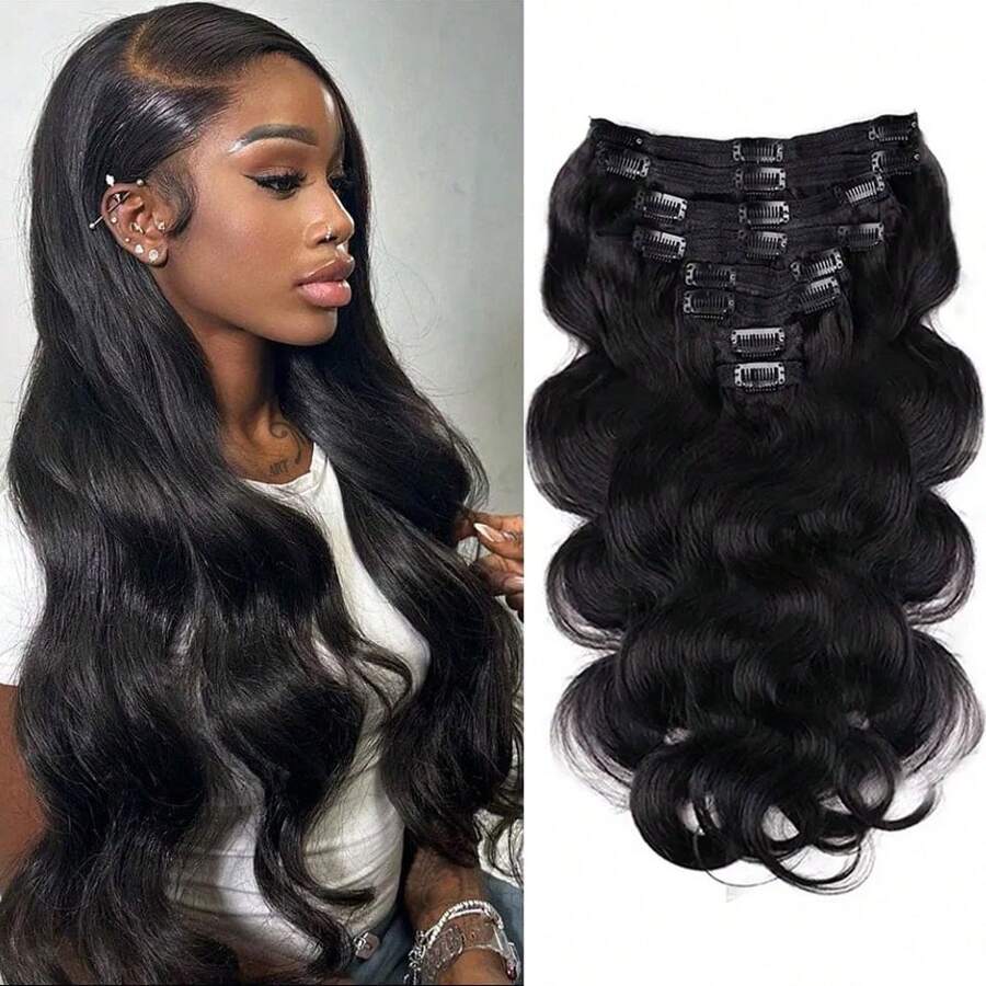 BINF Body Wave 8Pcs Clip In Human Hair Extensions With 18 Clips Brazilian 120g/Set Virgin Hair Clip Ins Human Hair Extensions For Women 8-24 Inches  Soft Feel Hair Natural Color - Natural Black - 查看 1
