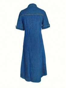 Women's Lapel Flap Pocket Denim Plain Dark Wash Blue Dress, Casual Style, V-Neck With Button Front, Mid-Sleeve, Long Length Dress - 深色水洗藍 - 查看 4