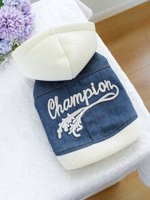 PETCIRCLE 1 件宠物连帽衫狗猫服装可爱时尚牛仔效果刺绣 - 藍色 - 查看 7