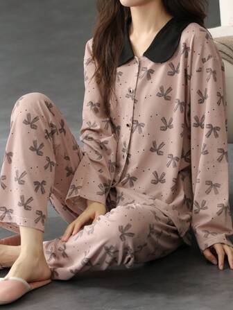 2 piezas Conjunto de pijama para mujer, top de manga larga suave y pantalón largo, cardigan con estampado floral en tie-dye de color contrastante en el cuello, cómodo y de moda, apropiado para primavera/otoño, conjunto de dos piezas
