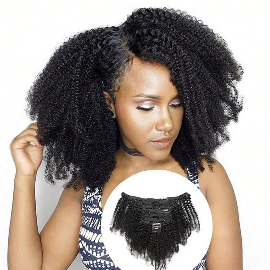BINF African American Afro Kinky Curly Clip Ins Hair Extension Human Hair 8Pcs/Set 120 Gram With 20 Clips Brazilian Curly Clip In Hair Extensions Real Natural Human Hair Afro Kinky Curly Virgin Hair Clips In For African Women Full Head Kinky Curly Human Hair Clip Ins Extension Double Weft Curly Clip Ins Human Hair - Natural Black - 查看 1