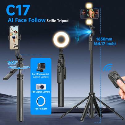 AXNEN 三合一铝合金蓝牙自拍杆，带自动人脸追踪三脚架，适用于智能手机，360°旋转手机三脚架，带无线遥控器和手机支架，兼容 16/15/14/13/12 Pro、安卓手机，黑色