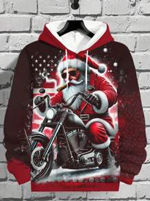 3D Santa Claus Print Fashionable Novelty Pattern Hooded Long Sleeve Sweatshirt For Men, Spring/Autumn Pullover Hoodie With Drawstring And Pockets