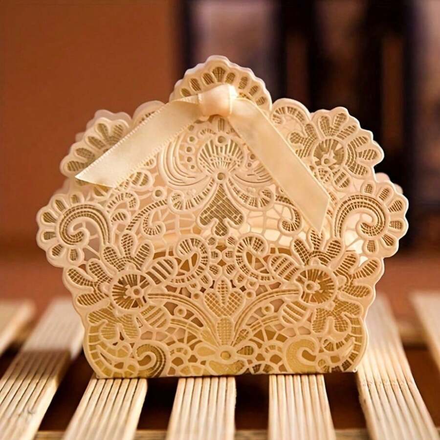 50 PCS Laser Cut With Ribbon Wedding Party Favor Box, Wedding Gift Box