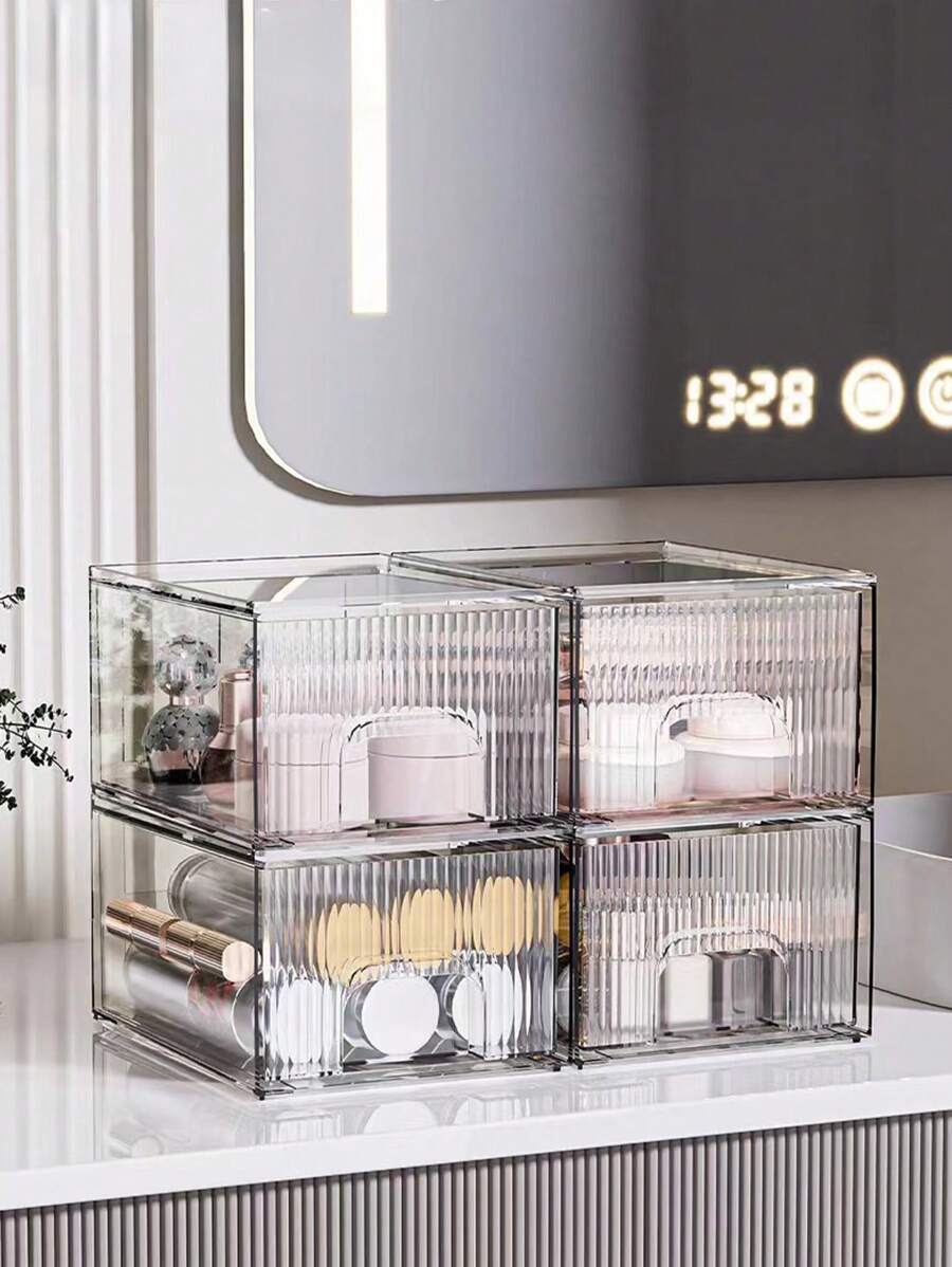 1pc Transparent Acrylic Makeup Organizer Box, Face Mask Storage Box, Stackable Dust-Proof Desktop Organizer, Jewelry Display Case. Transparent Acrylic Desktop Drawer-Style Plastic Storage Box For Storing Cosmetics And Jewelry. - Multicolor - View 1