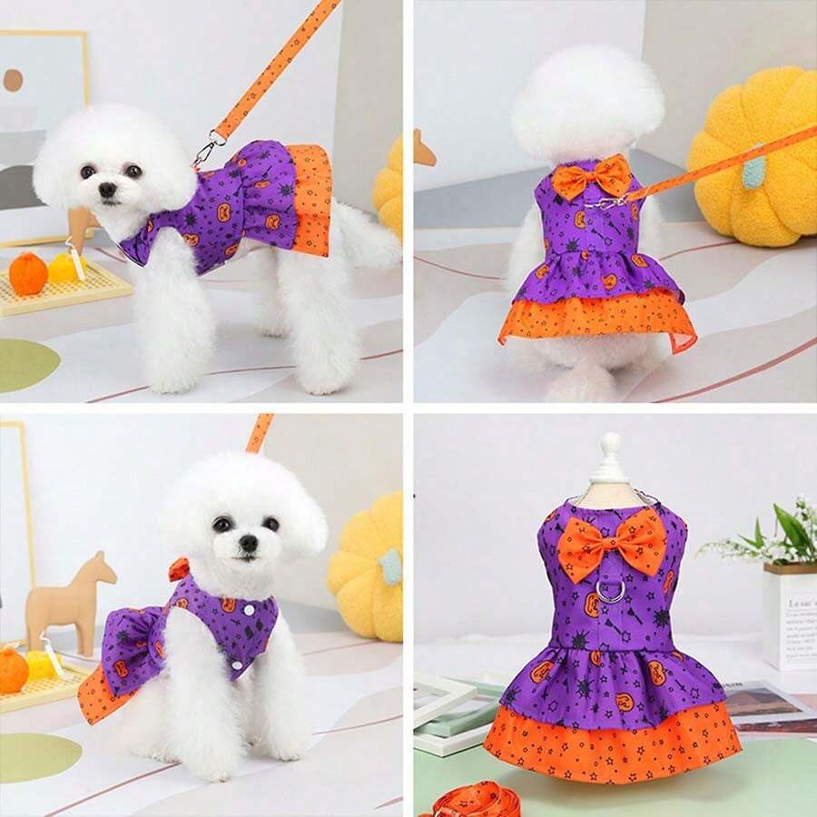 1pc Dog Cute Harness Skirt Set, Small Dog Dress With Halloween Style, Suitable For Small Dogs And Cats, Purple. - Purple - View 1