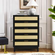 Bedroom 5 Drawer Dresser, Rattan Dresser Modern Wooden Chest Of Drawers With Spacious Storage Space For Bedroom Hallway Living Room - màu đen - Xem 1