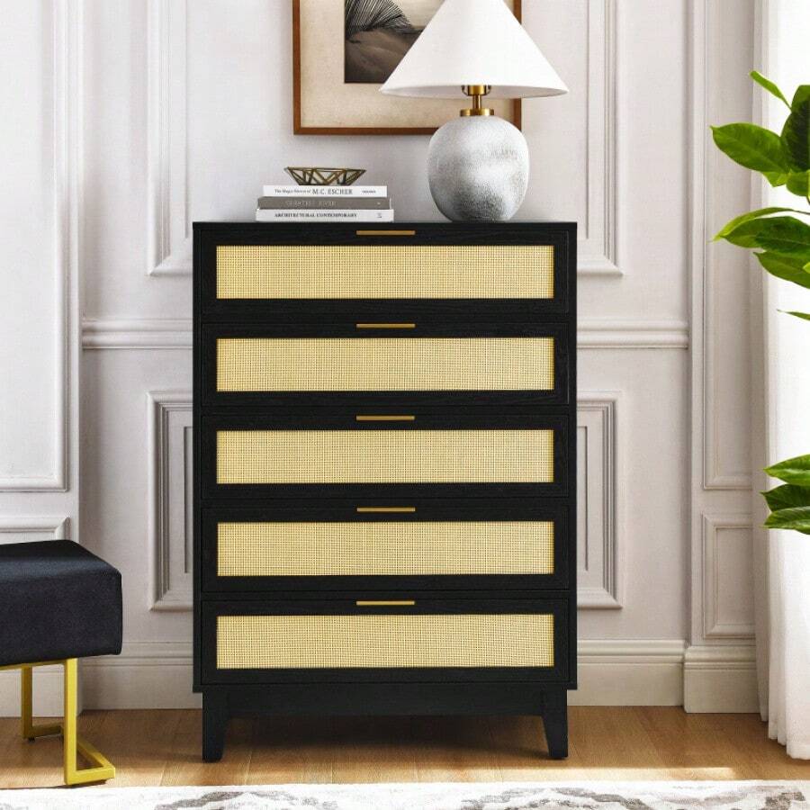 Bedroom 5 Drawer Dresser, Rattan Dresser Modern Wooden Chest Of Drawers With Spacious Storage Space For Bedroom Hallway Living Room - màu đen - Xem 1