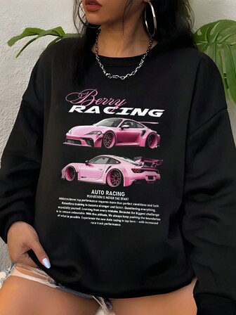 Bluza z kapturem Race Car Graphic Casual Loose Pullover, styl uliczny na jesień