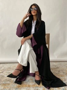 1 件纯色拼布优雅休闲服，精细针织，袖口拼布细致，面料工艺精良，优雅精致的感觉，时尚大方的开衫长袍 - 紫色 - 查看 3