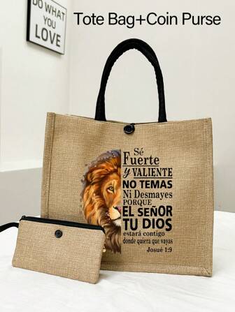 Lion King Letter Print Linen Tote Bag,Simple Bag For Travel, Cosmetic Purse,Large Capacity Travel Makeup Bag,Versatile Portable Tote Bag For Teacher,Appreciation Linen Bag, Gifts For Women, Teacher's Day Gift,Casual Storage Tote Bag,Shopping Bag