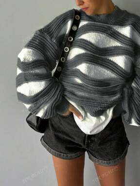 Pullover a maniche lunghe in maglia con scollo rotondo, a righe a onde, colori contrastanti, nuovo per primavera/autunno, stile fashion donna, ampio e comodo, colori allegri, manica a lanterna, per appuntamenti