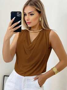 Women's Suplex Tank Top With Simple Boba Collar For Summer - Olive Green - View 2