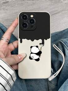 1 pieza Funda de teléfono con estampado de panda de moda, borde recto, efecto escarcha, con correa de muñeca, compatible con Apple iPhone11/12/13/14/15/16/16PRO/16PROMAX, Galaxy A05/A15/A25/A35/A53/A54/A55/S23/S24, serie Redmi, resistente al agua, a los golpes, a las caídas y a los arañazos
