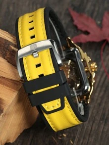 1 Đồng hồ cơ tự động hình vuông thể thao thời trang nam dạ quang dây đeo bằng da cao su hàng đầu sang trọng dành cho doanh nhân đồng hồ nam giản dị quà tặng kèm hộp - Vàng - Xem 7