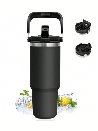 1pc 30oz Stainless Steel Glass Tumbler With Lid And Handle - Double Wall Insulated, Spill-Proof Iced Coffee Cup For Car, Outdoor Adventure, All Season Water Bottle, Christmas & Halloween Gift