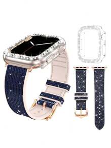 مجموعة مكونة من 2 قطعة : علبة حماية كريستالية ماسية شفافة من البولي كربونات مرصعة بالأحجار الكريمة اللامعة + حزام رياضي ناعم من السيليكون الوردي متوافق مع ساعات أبل واتش أولترا ،3، 2، 1 ،SE، S9، S8، S7، S6، S5، S4، S3، S2، S1 بمقاسات 38مم، 40مم، 41مم، 42مم، 44مم، 45مم، 49مم، 46مم