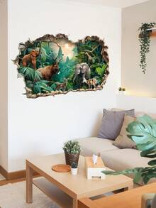 2 张 30*90 厘米 3D 丛林动物墙贴，大象和鹿墙饰，即撕即贴墙贴，适用于客厅、餐厅、厨房、墙壁艺术装饰家居装饰 - 彩色 - 查看 3