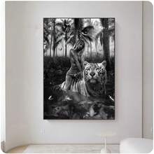 1 件黑白时尚壁画老虎帆布画人物与动物海报适用于客厅走廊装饰无框 - 彩色 - 查看 2