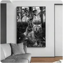 1 件黑白时尚壁画老虎帆布画人物与动物海报适用于客厅走廊装饰无框 - 彩色 - 查看 1