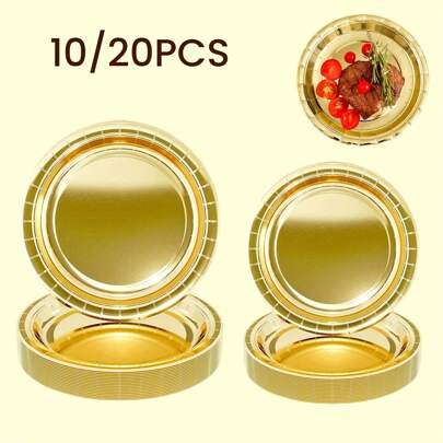 10/20 件一次性镀铝纸盘金色，7/9 英寸精致圆形甜点晚餐蛋糕盘散装派对用品，工艺品装饰纸盘，坚固耐用的派对盘，适合生日、婚礼、野餐、节日