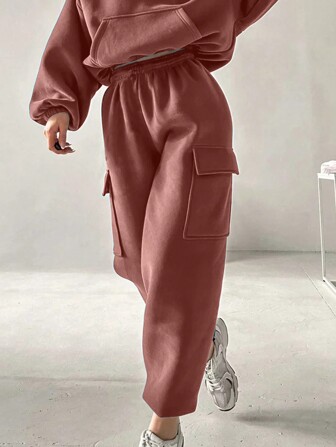 Plus Size Women Casual Cargo Jogger Pants With Flap Pockets