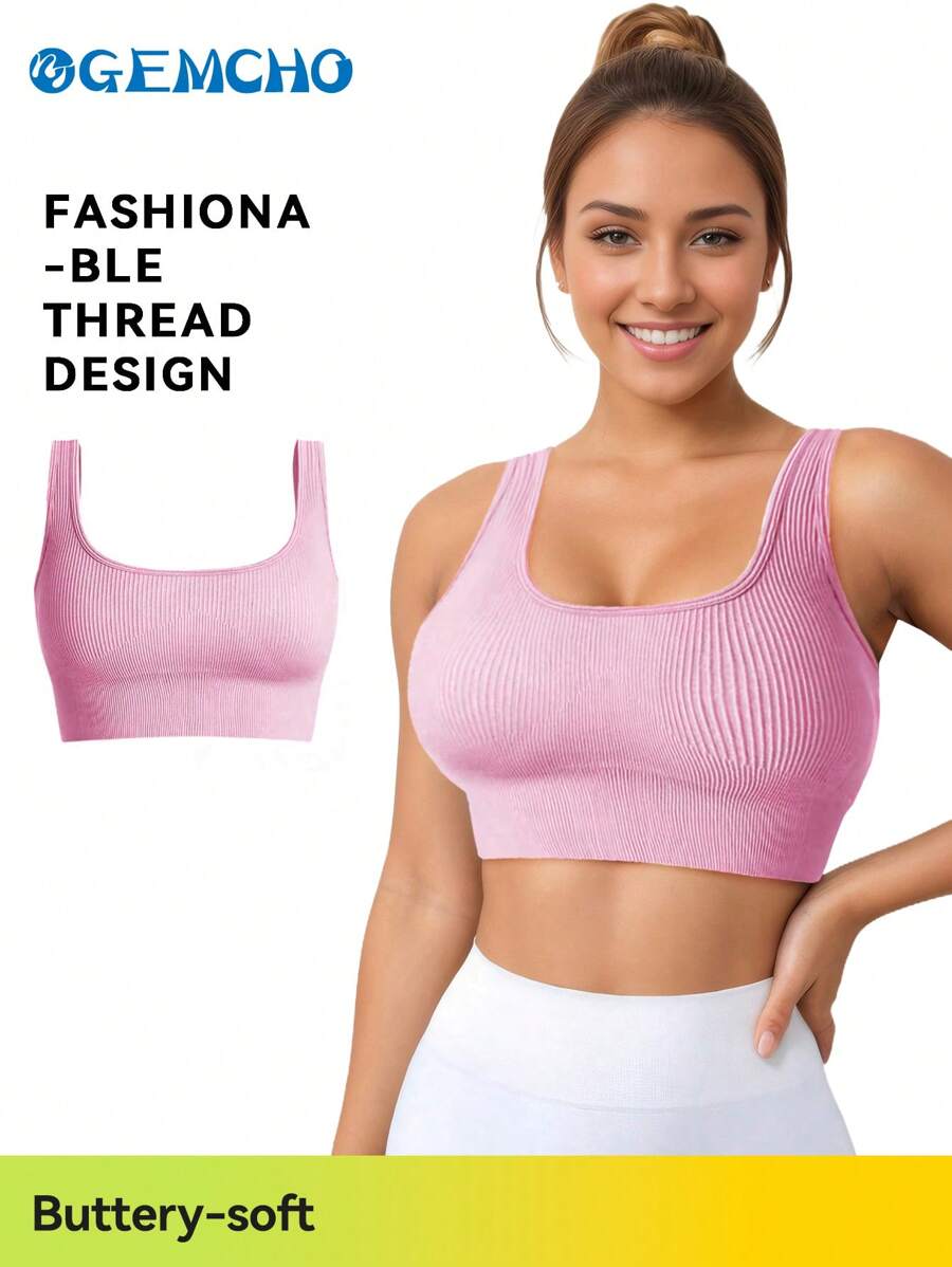 Women's Solid Color Square Neck Removable Padded Sports Bra Yoga Fitness Tank Top - Pink - View 1