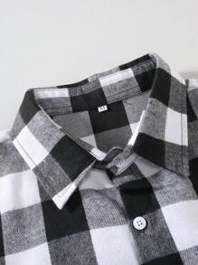 Men's Long Sleeve Brushed Plaid Shirt, Black & White, Business Casual For Autumn/Winter, For Fall - Black and White - View 3
