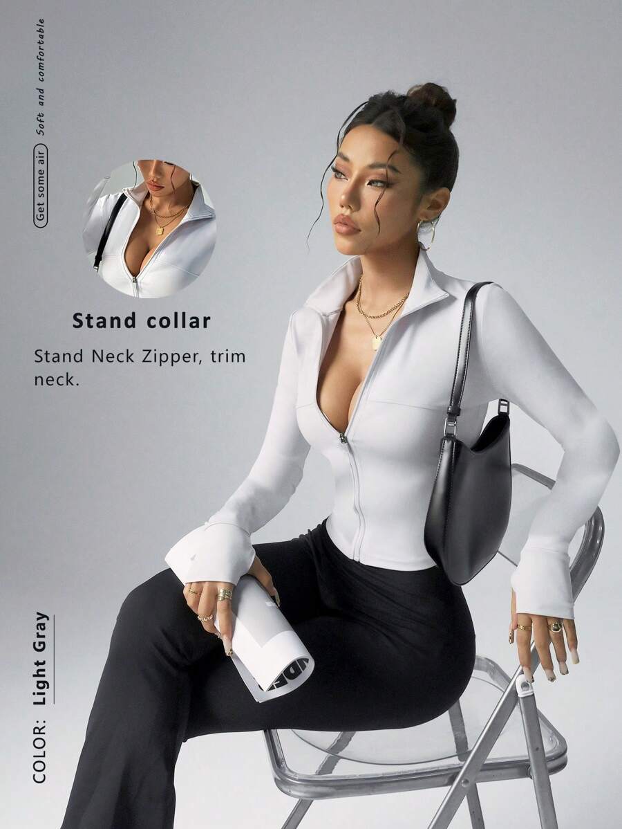 FWH Women's Fashion Yoga Outdoor Running Commuting Dating Sun Protection Essential Stretch Comfortable Back-Shaping Abdominal-Toning Slimming Fitness Retro High-End Street Elegant Sportswear Running Workout Wear Zipper Stretch Minimalist Fashion Sexy Fitted Long-Sleeve Yoga Jacket - Grey - View 1