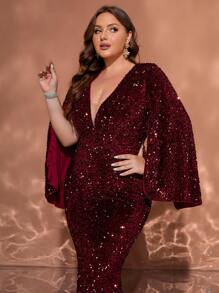 加大码长袖亮片酒红色鸡尾酒礼服，优雅正式晚会礼服，适合婚礼嘉宾、毕业典礼、晚宴 - 酒紅色 - 查看 2