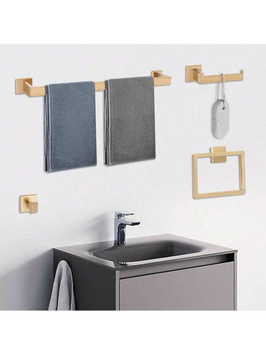 ZhdnBhnos LINSIE Brushed 4-Piece Bathroom Hardware Set Premium Stainless Steel Bath Towel Bar Sets Wall Mounted Square Bathroom Accessories Kit The Best Gift/Present For Family&Friends Happy Christmas - 金色 - 查看 1