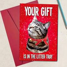 带信封的圣诞猫咪贺卡 - 适合任何人的有趣动物主题卡片，“您的礼物在猫砂盘里” - 身着节日服装的卡通猫咪，英语，非常适合圣诞节场合 - 1 包 - 彩色 - 查看 8