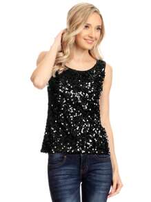 Womens Sequin Metallic Sparkly Cocktail Party Sleeveless Tank Top - 黑色 - 查看 1