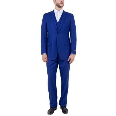 Mens Suit Three Piece Modern Fit Two Button Notch Lapel Solid Blue Colors Suit Set